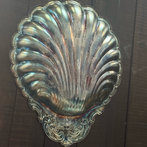 Silver Sea Shell Patina Large Decorative Tray Bowl Dish Vintage Art Decor Home - Picture 7 of 10